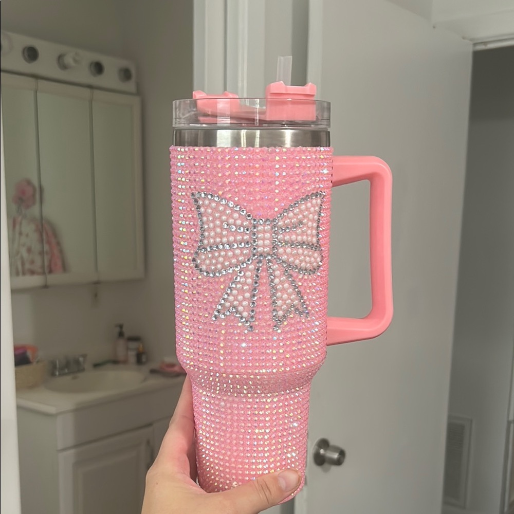 Pink Rhinestone Tumbler with Bow Design